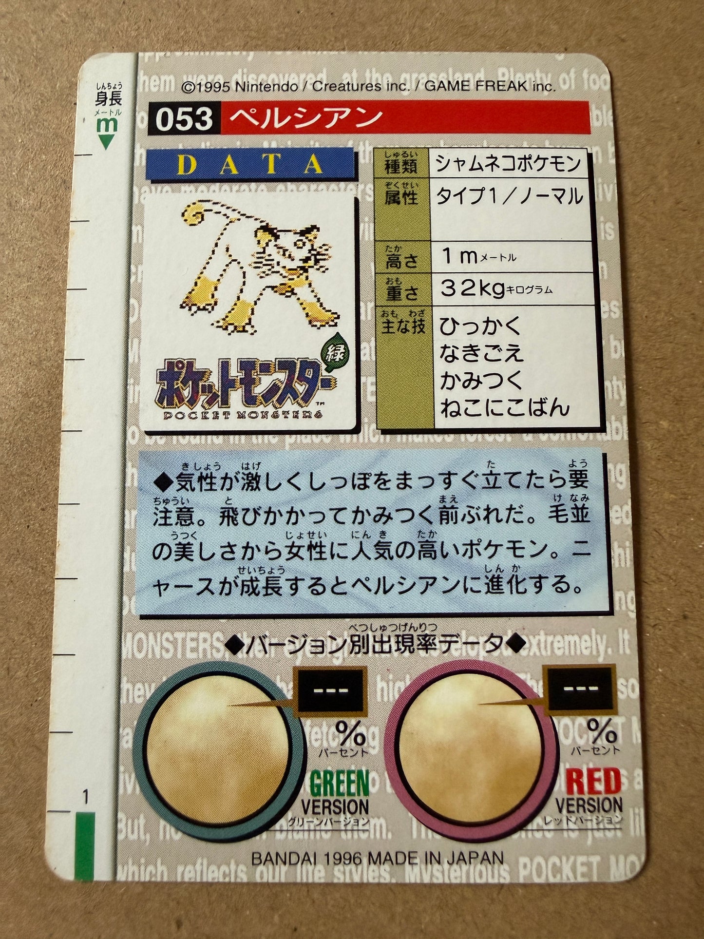 1996 | Persian #53 | Pokemon Japanese Bandai Carddass Vending (Red Version)