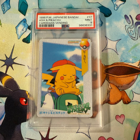 1998 | Pokemon Japanese Bandai | Carddass Vending | Ash and Pikachu #37 | PSA 9